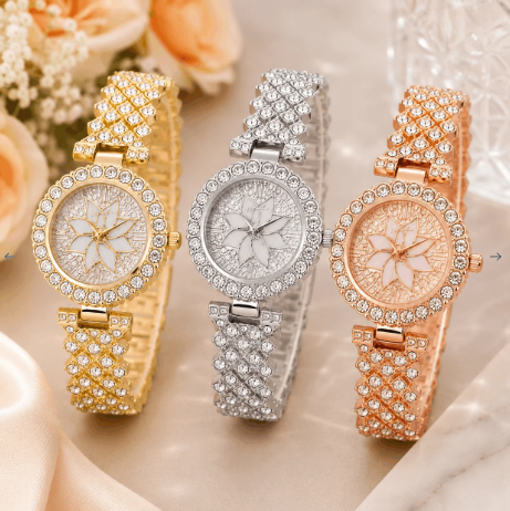 Luxury Floral Crystal Quartz Wrist Watch for Women – Golden Crystal Bracelet Watch | Elegant Ladies Fashion Watch