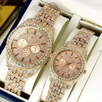Luxury Diamond-Accented Couple Watch Set – Golden | Elegant Matching Watches for Men & Women