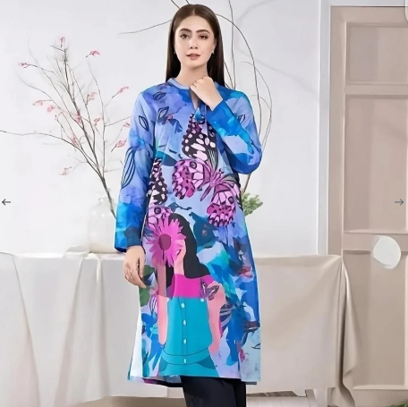 1 Piece Unstitched Digital Swiss Lawn Shirt for Girls & Women - Blue