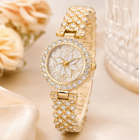 Luxury Floral Crystal Quartz Wrist Watch for Women – Golden Crystal Bracelet Watch | Elegant Ladies Fashion Watch
