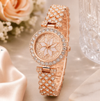 Luxury Floral Crystal Quartz Wrist Watch for Women – Golden Crystal Bracelet Watch | Elegant Ladies Fashion Watch