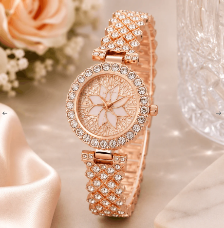 Luxury Floral Crystal Quartz Wrist Watch for Women – Golden Crystal Bracelet Watch | Elegant Ladies Fashion Watch