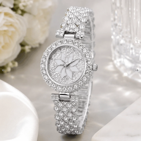 Luxury Floral Crystal Quartz Wrist Watch for Women – Golden Crystal Bracelet Watch | Elegant Ladies Fashion Watch