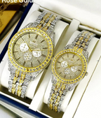 Luxury Diamond-Accented Couple Watch Set – Golden | Elegant Matching Watches for Men & Women