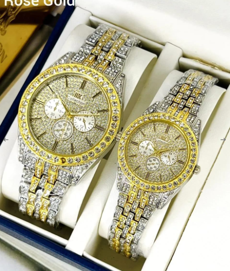 Luxury Diamond-Accented Couple Watch Set – Golden | Elegant Matching Watches for Men & Women